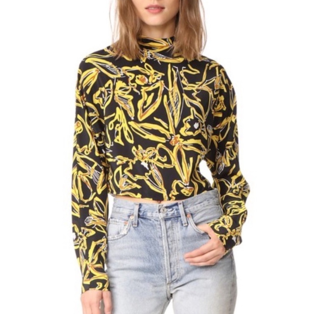Diane Von Furstenberg Top Blouse High Neck Crop yellow black